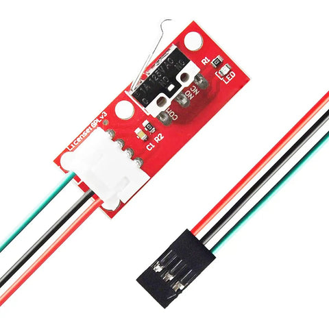 Close-up of a 10 Piece Mechanical Endstop Limit Switch Module with red circuit board and 70cm cable for 3D Printers CNC RepRap Arduino Mega 2560 RAMPS 1.4