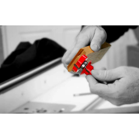 Pro Grade Workhorse Adjustable Rail And Stile Bit Round Over Bead With TiCo Hi Density Carbide, hands holding woodworking bit