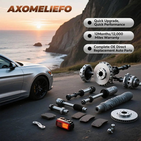 Car parked by the coast with various auto parts including brake discs and shock absorbers displayed next to it.
