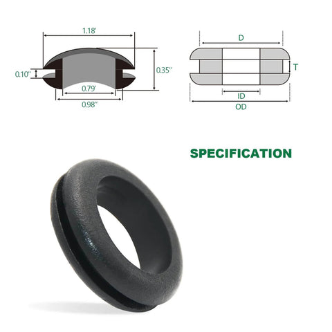 One Inch Outer Diameter Rubber Grommets With Three Quarters Inch Inner Diameter, Twenty Pieces For Wiring Cables Plugs And Automotive Use, Durable Elastic Rubber Protects Wires Specification Diagram