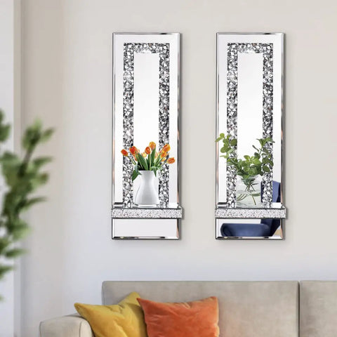 Fresh Beveled Silver Mirror Wall Candle Sconce Holder Set Of Two, Slick Crushed Diamond Design Decor For Cozy Living Room, Bedroom, Chic Home Setup, And Top Shelf Ambient Glow showcasing a decorative display with flowers.