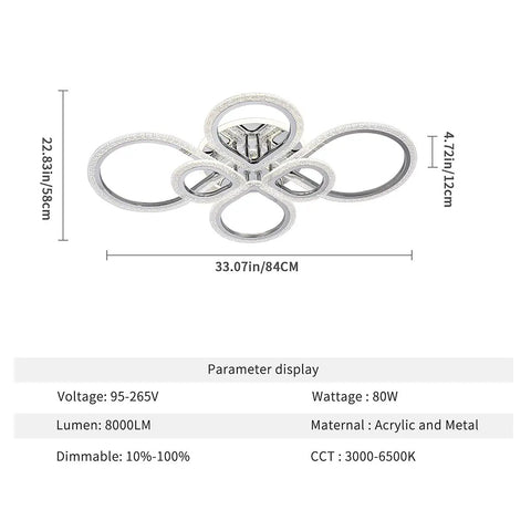 Six Ring LED Ceiling Light Fixture With Remote Control, Dimmable 3000K-6500K, dimensions and specifications displayed