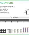 Dimensions and components of Heavy Duty Wall Mounted Coat Rack Set 3 Pack With Six Sturdy Hooks, including screws and adhesive.