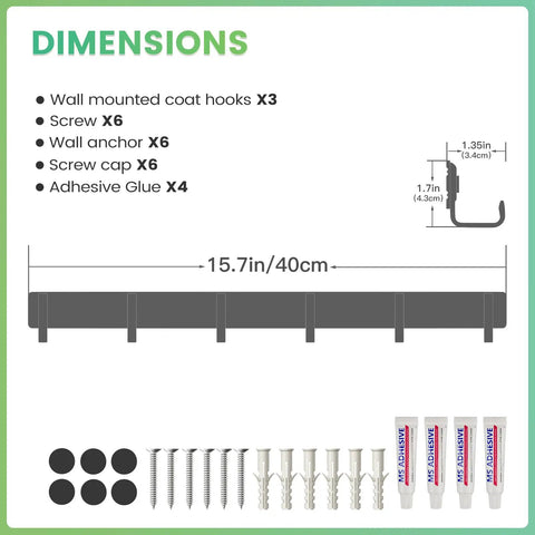 Dimensions and components of Heavy Duty Wall Mounted Coat Rack Set 3 Pack With Six Sturdy Hooks, including screws and adhesive.