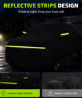 Badass Pickup Truck Cover For Tesla Cybertruck Single Motor Ultimate All Weather Protection with reflective strips at night.