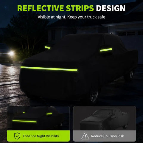 Hella Durable Oxford Pickup Truck Cover Compatible With Tesla Cybertruck 2024 Through 2026 with reflective strips for night visibility.
