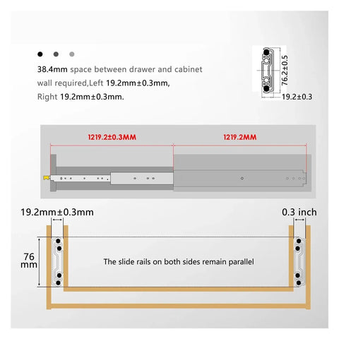 Heavy Duty Full Extension Drawer Slides With Lock For 120kg Load Capacity Smooth Ball Bearing Runners Ultra Quiet And Durable Ideal For Industrial Cabinets RVs And Modded Vehicles Requiring Heavy Duty Drawer Glide, 19.2mm side clearance diagram