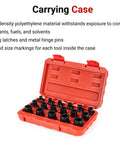 Half Inch Drive Shallow 12-Point Impact Socket Set, 17-Piece With Case, 8–24 Mm displayed in red carrying case open view