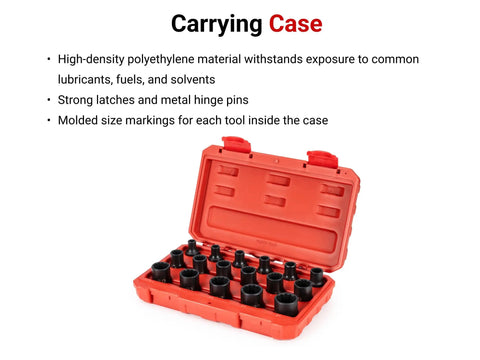 Half Inch Drive Shallow 12-Point Impact Socket Set, 17-Piece With Case, 8–24 Mm displayed in red carrying case open view