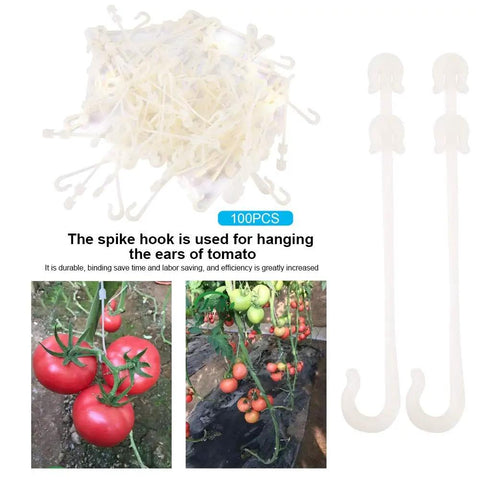100PCS Garden Plant Support Clip And Vine Pull Hook Trellis Fastener For Cherry Tomatoes And Vegetable Vines Keeps Fruit Stems Steady To Prevent Breakage In Wind And Heavy Fruit Weight Ideal DIY Garden Maintenance Gear white plastic tomato hook