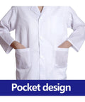 Kids Doctor Scientist Costume Kit With Lab Coat Goggles ID Card Magnifying Glass For Halloween Dress Up Blue XS Durable Polyester Cotton Realistic Lab Gear For Curious Little Scientists Kid Friendly, showing pocket design of white lab coat.