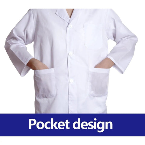 Kids Doctor Scientist Costume Kit With Lab Coat Goggles ID Card Magnifying Glass For Halloween Dress Up Blue XS Durable Polyester Cotton Realistic Lab Gear For Curious Little Scientists Kid Friendly, showing pocket design of white lab coat.