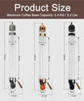 Wall Mounted Coffee Bean Dispenser With Clear Glass Canister And Smooth Wooden Lever For Mess Free Serving, dimensions shown.