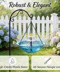 Hanging Solar Bird Bath Fountain Upgrade 3-Layer Cascading Water Feature for Outdoor Garden Decor hanging on metal stand.