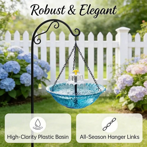 Hanging Solar Bird Bath Fountain Upgrade 3-Layer Cascading Water Feature for Outdoor Garden Decor hanging on metal stand.