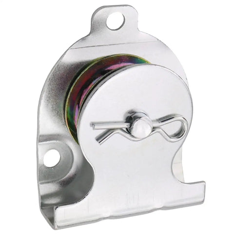 Beefy Heavy Duty 1-1/2 Inch Wall And Ceiling Mount Single Pulley With 420 Lb Capacity Iron And Zinc Construction Galvanized Finish For Rust-Proof Resistance Durable And Safe Easy Wire Rope And Chain Insertion For Quick Setup, front view