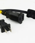 Close-up of power plug and socket from Built Tough Construction Cage String Lights 100 Ft Long With 10 E26 Medium Base Sockets 150W Max Per Bulb ETL Certified For Indoor Outdoor Jobsite Attic Basement Crawl Space And Event Lighting.