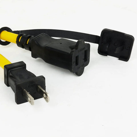 Close-up of power plug and socket from Built Tough Construction Cage String Lights 100 Ft Long With 10 E26 Medium Base Sockets 150W Max Per Bulb ETL Certified For Indoor Outdoor Jobsite Attic Basement Crawl Space And Event Lighting.