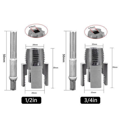 Badass Integrated Thread Cutting Tool For Half Inch And Three Quarter Inch Pipes. Shows 1/2in and 3/4in pipe threading components.
