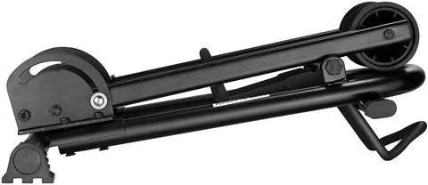 Side view of Foldable Bike Rack Floor Stand For Easy No Hassle Bike Storage Fits 20mm To Two Point Four Inch Wide Tires, folded position.