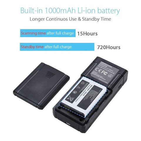 Back view of Pocket Size 1D Wireless Barcode Scanner With Bluetooth 3 In 1 2.4G And USB Wired Connectivity For iPhone Android Windows Mac Tablets Or Computers Portable Inventory Reader For Small Biz showing battery compartment and battery.