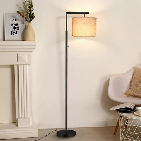 Dimmable Tall Pole Floor Lamp With 4 Color Temperatures, Remote Control, Beige Shade, Dope Modern Standing Light For Living Room, Bedroom, Study, Office, LED Bulb Included, Black in living room setting
