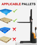 Straight Up Heavy Duty Full Electric Walkie Pallet Stacker With 118 Inch Lift And 2640 Lbs Capacity showing applicable pallet types.