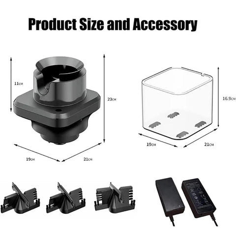 Automatic 58Mm Electric Portafilter Knock Box dimensions with parts, showing size 23cm tall and accessories for quick espresso puck removal.