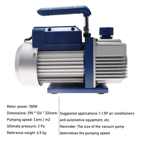 Heavy Duty Single Stage Vacuum Pump For Hvac Service Featuring Hella Fast Flow Rates, showing side view with handle and specifications.