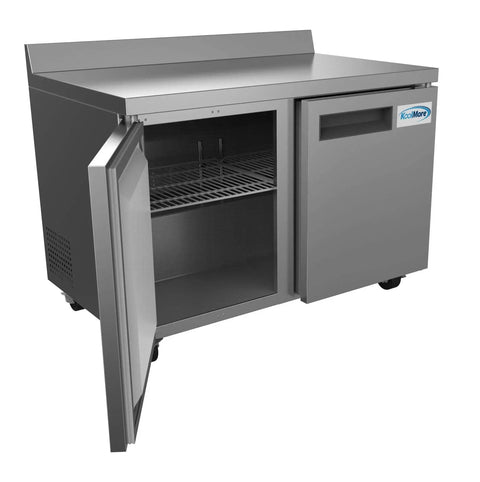 Built Tough 48 Inch Stainless Steel Commercial Worktop Freezer With Dual Doors And Sturdy Backsplash, showing open door and interior racks.