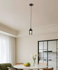 Vintage Iron Cage Pendant Light, Industrial Hanging Lamp Rustic, 47" over a modern dining table with fruit.