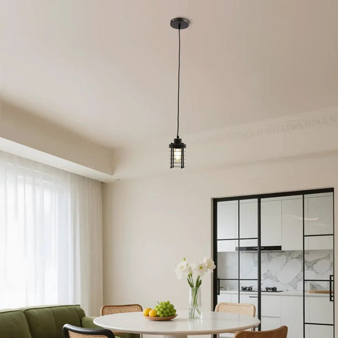 Vintage Iron Cage Pendant Light, Industrial Hanging Lamp Rustic, 47" over a modern dining table with fruit.