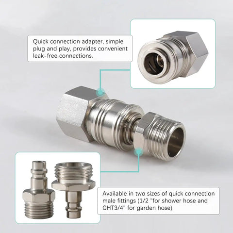 Close-up of RV Exterior Quick Connect Hose Fitting With One Half Inch Shower Hose Adapter And Three Quarter Inch Garden Hose Adapter