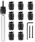 13 Piece Double-Sided Spot Weld Cutter Set Three-Eighths Inch Diameter Hole Cutters Garage-Ready For Power Drill Use In Automotive And Metalworking Projects Panel Separator And Punch Remover, showing 13 cutters, arbor, and tools.