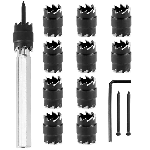 13 Piece Double-Sided Spot Weld Cutter Set Three-Eighths Inch Diameter Hole Cutters Garage-Ready For Power Drill Use In Automotive And Metalworking Projects Panel Separator And Punch Remover, showing 13 cutters, arbor, and tools.