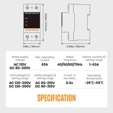 Keep Your Gear Chill And Protected From Rogue Power Spikes With This Adjustable Over And Under Voltage Protector Smart Circuit Breaker 110 To 230 Volt Ac 2P 63A Snappy Setup Done Right specifications and dimensions