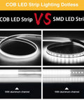 Comparison of COB LED Strip VS SMD LED Strip with aluminum channels, showcasing Dope COB LED Strip Lights Waterproof IP67 DC24V 6000K Daylight White 16.4Ft 5m High CRI 92Ra Outdoor Tape Lighting Cuttable For Bedroom Kitchen Cabinets Shelves DIY Accent for dotless lighting.