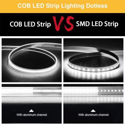 Comparison of COB LED Strip VS SMD LED Strip with aluminum channels, showcasing Dope COB LED Strip Lights Waterproof IP67 DC24V 6000K Daylight White 16.4Ft 5m High CRI 92Ra Outdoor Tape Lighting Cuttable For Bedroom Kitchen Cabinets Shelves DIY Accent for dotless lighting.