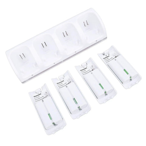 4 Port Remote Controller Charger Station For Gaming Consoles, 4 Pack 2800mAh Battery Packs, USB Powered Dock, white battery packs