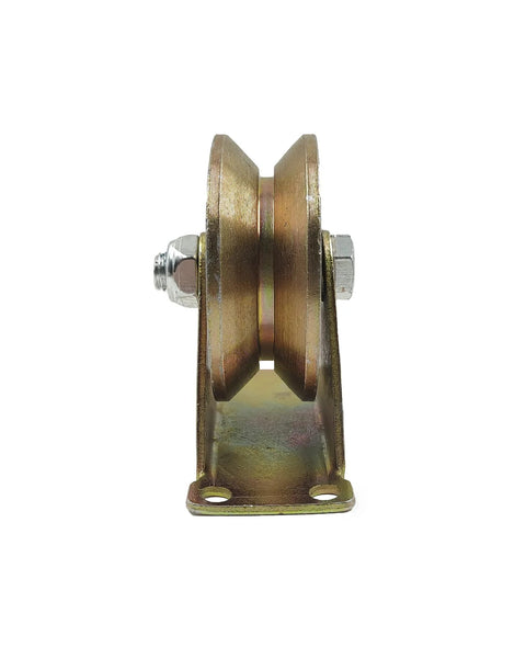3-inch V-type groove wheel on a rigid caster with bracket; zinc-gold finish; base mounting plate with holes