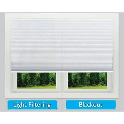 No Tools Easy Lift Cordless Cellular Blackout Shade White With Trim At Home Scale And Guide Easy Stick Peel And Place Mount 30 W By 64 L Fits 19 To 30 Inch Windows installed on window, light filtering and blackout sides visible