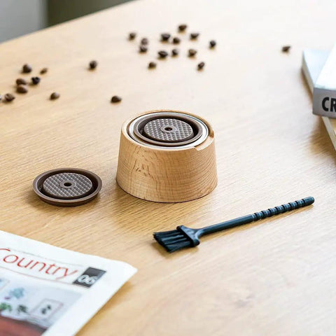 Reusable Silicone Seal Kit For Nespresso VertuoLine Pods Convert Disposable Capsules Into Reusable, wooden base on desk