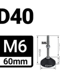 Built Like A Tank Adjustable Leveling Feet 40Mm Swivel Base with M6 60mm threaded adjustment and base dimensions.