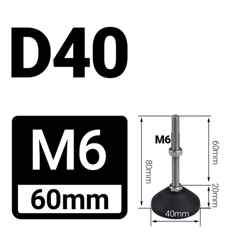 Built Like A Tank Adjustable Leveling Feet 40Mm Swivel Base with M6 60mm threaded adjustment and base dimensions.