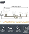 Four Light Vanity Lighting Fixture dimensions with Globe Seeded Glass Shades in Brushed Nickel over a description card.
