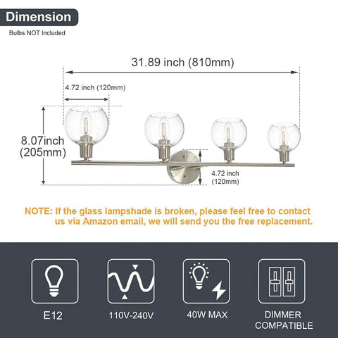 Four Light Vanity Lighting Fixture dimensions with Globe Seeded Glass Shades in Brushed Nickel over a description card.