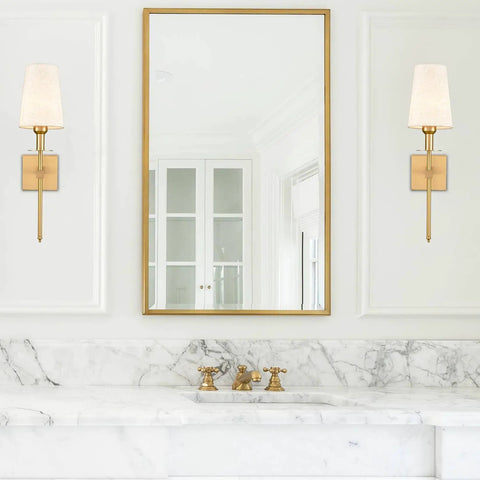 Two Pack Farmhouse Modern Black Wall Sconces With Beige Fabric Shades, Plug In Or Hardwired, Slim Square Back Plate, in bathroom setting