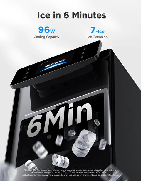 Smart Nugget Ice Maker Delivering 60 Pounds Daily Capacity And 6 Minute Rapid Ice Production Yields control panel with six minute timer.