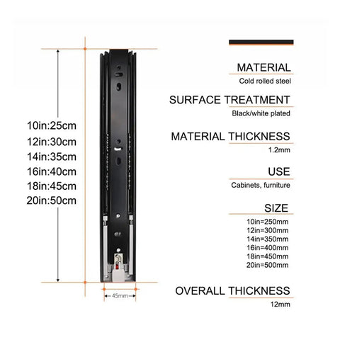 Heavy Duty 45Mm Push To Open Drawer Slides Dead Silent Three Section Cabinet Glides Smooth Ride Pull Out Tracks For Home Furniture Hardware 12 Inch Length dimensions and specifications