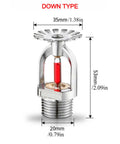 Six Pack Heavy Duty Fire Sprinkler Heads Half Inch Thread Quick Response Pendent Style shown detailed with measurements, chrome finish.